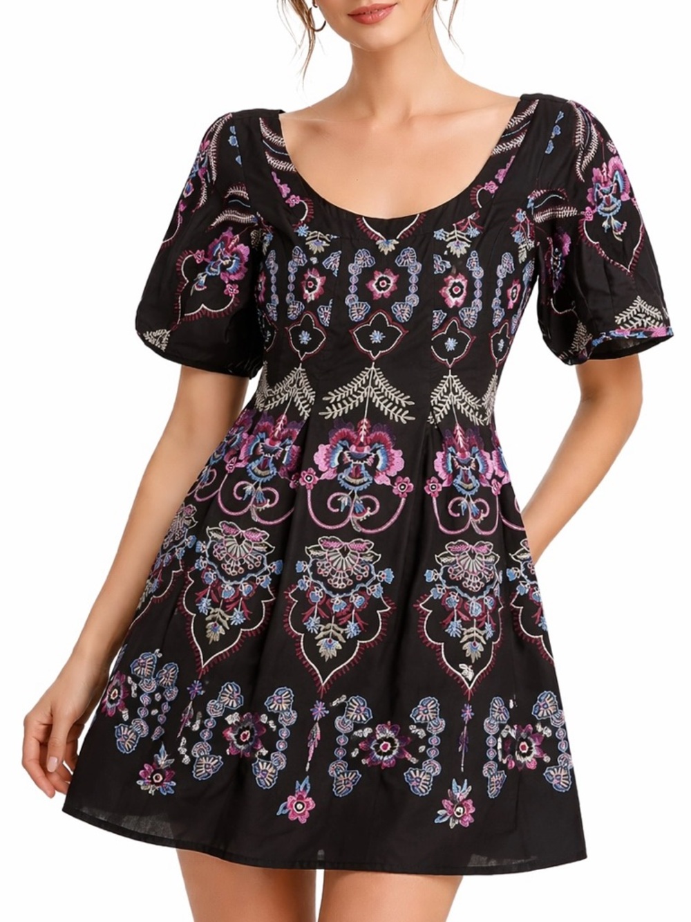 KENSIE Embroidered Short Sleeve Fit And Flare Mini Dress - Black Size 8
